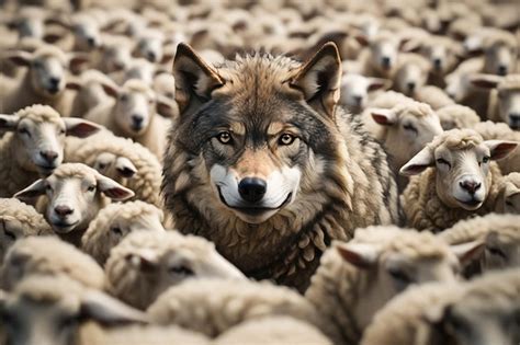 Retrato De Um Lobo Em Um Rebanho De Ovelhas Conceito De Identidade E