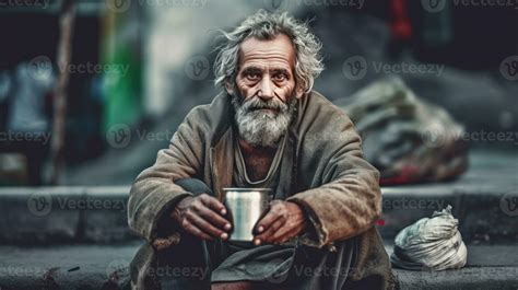 A Homeless Beggar Man Sitting Outdoors In City Asking For Money