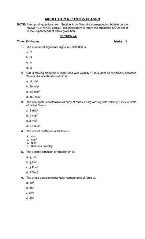 Solution Physics Model Paper Class 9 Studypool