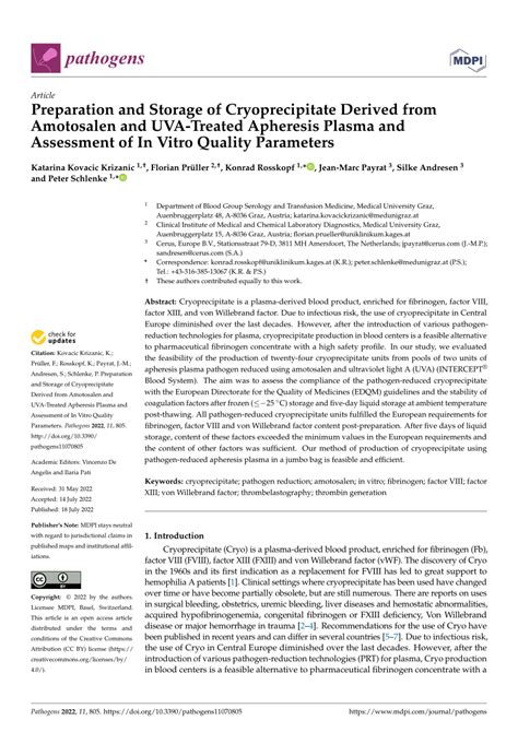 (PDF) Preparation and Storage of Cryoprecipitate Derived from Amotosalen and UVA-Treated ...