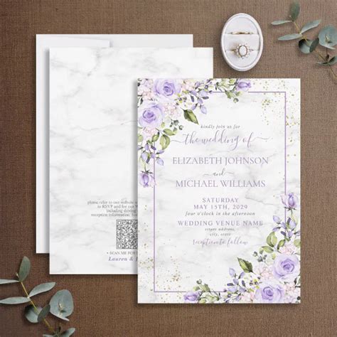 QR Code Lilac Lavender Gold Marble Floral Wedding Invitation Zazzle