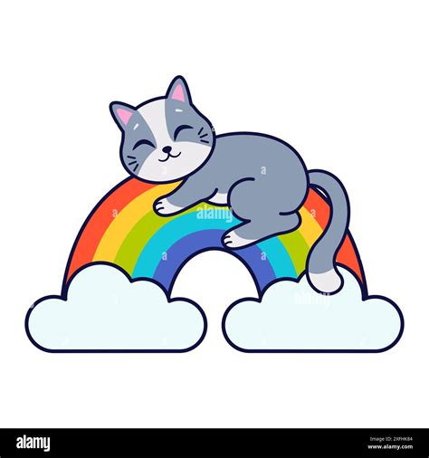 Adorable Cartoon Cat Sleeps On Rainbow Vector Illustration Stock