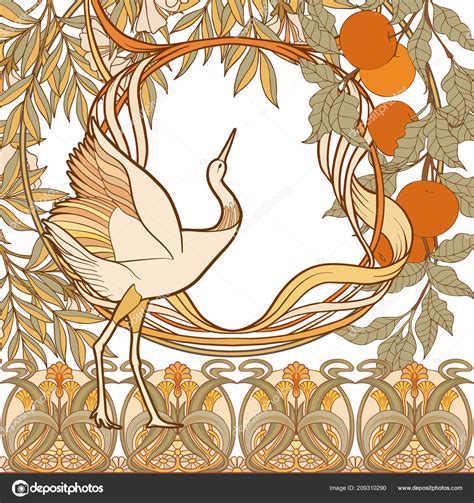 Poster Background With Decorative Flowers And Bird In Art Nouveau