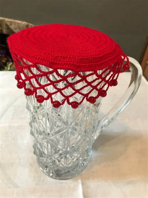 Vintage Inspired Crochet Beaded Jug Cover Colour Bright Red Etsy