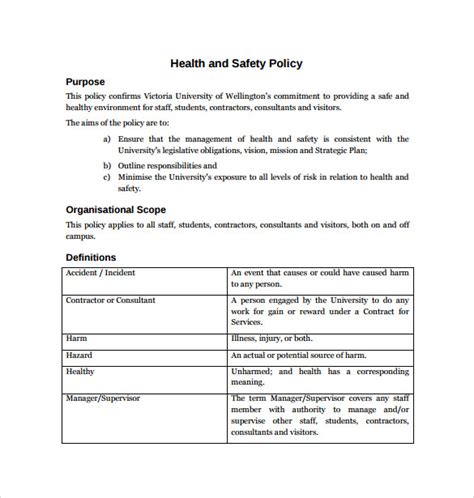 Health And Safety Policy Template Free