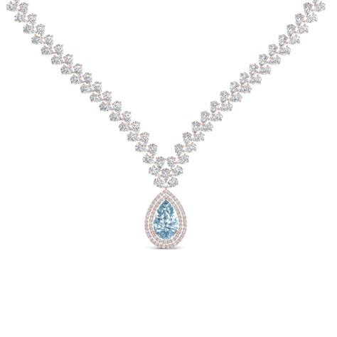 Pear Shape Drop Leaf Diamond Necklace For Women With Aquamarine In 14K