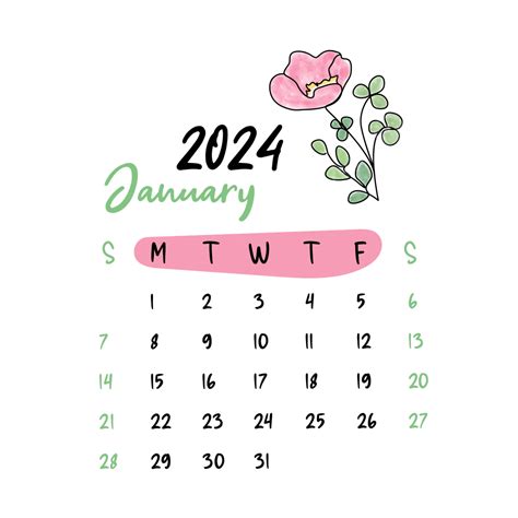 January 2024 Floral Monthly Calendar Design Vector January Floral