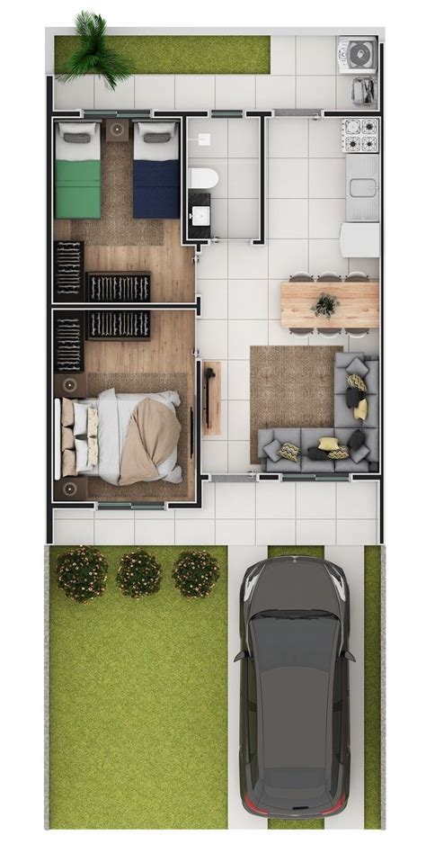 An Overhead View Of A Two Bedroom House With A Car Parked In The