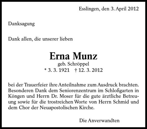 Traueranzeigen Von Erna Munz Zeit Des Gedenkens De