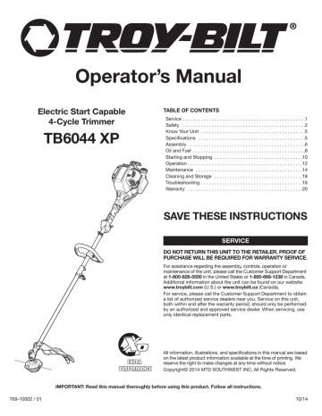 Troy Bilt Tb Xp Trimmer User Manual Manualzz