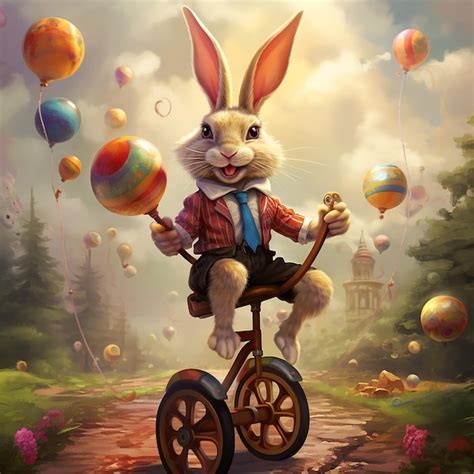 Premium Photo Bunny Riding A Unicycle While Juggling Easter Eggs