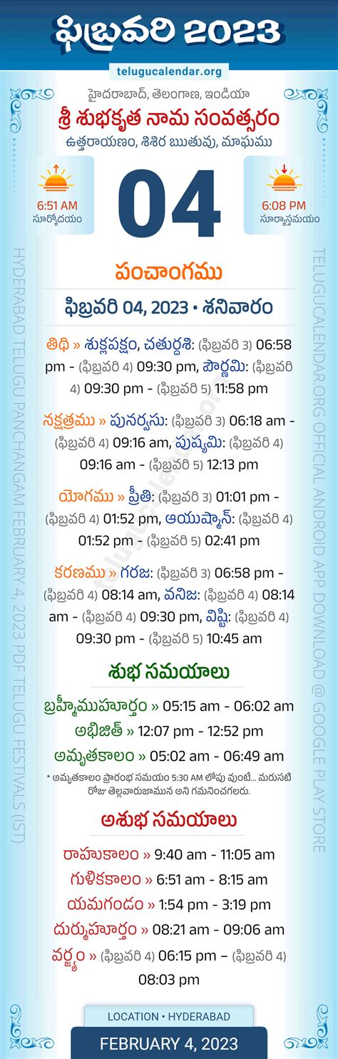 Telangana » Panchangam February 4, 2023 Telugu Calendar Daily