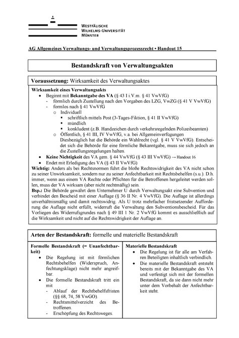 Handout Bestandskraft Eines Verwaltungsaktes Ag Allgemeines Und