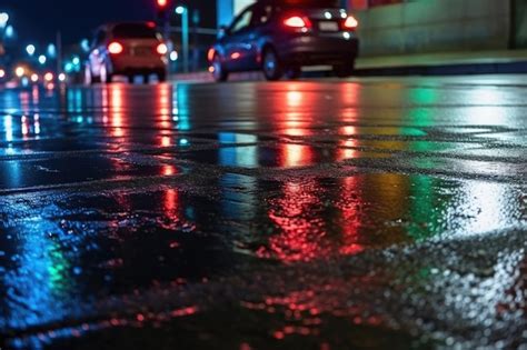 Premium AI Image Wet Asphalt At Night With Colorful Lights And