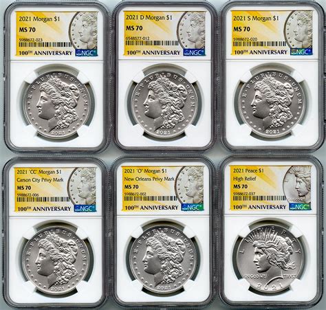 2021 Morgan And Peace Dollar 100th Anniversary 6 Coin Set Ngc Ms 70