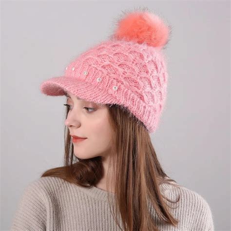 New Winter Warm Baseball Cap For Women Pearls Pompom Ball Hat Female ...