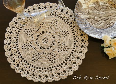 Pink Rose Crochet Centrinho Bege Sousplat Quebec Place Mat