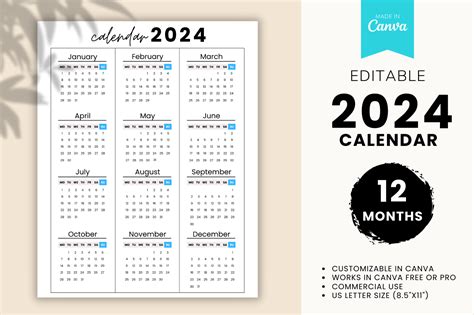 2024 Calendar Canva Editable Template Graphic By Ovis Publishing · Creative Fabrica