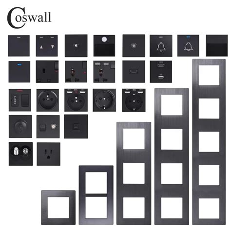 Coswall L Series Vertical Black Brushed Aluminum Panel Wall Switch Eu