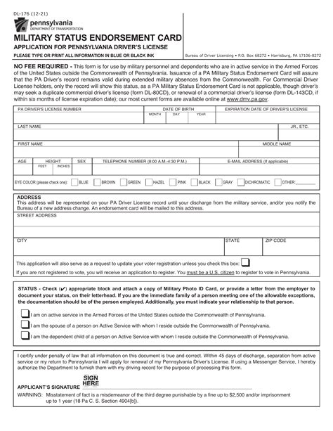PA DOT Form DL-176. Military Status Endorsement Card – Document Template
