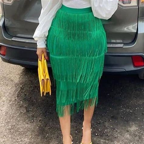 Kjøp 2023 Women Green Pencil Skirts Tassel High Waist Stretch Midi