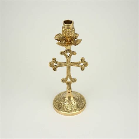 Cross Design Engraved Brass Candlestick Blessedmart