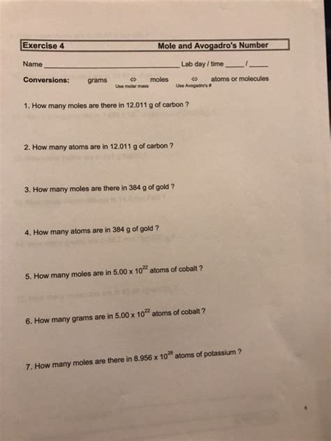 Moles And Avogadro S Number Worksheets