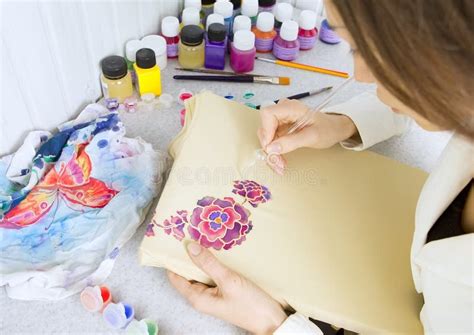 Batik Process: Artist Paints on Fabric, Batik Painting Stock Photo ...