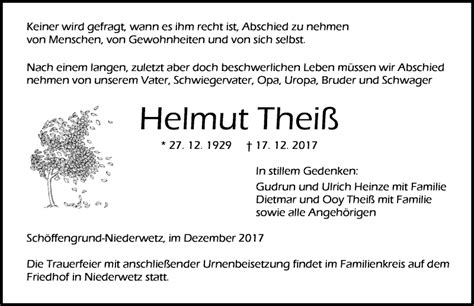 Traueranzeigen Von Helmut Thei Vrm Trauer De