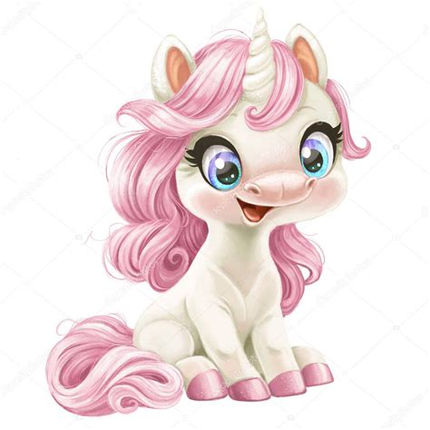 Fotos de Lindo Bebé Dibujos Animados Unicornio Con Melena Rosa Sentarse