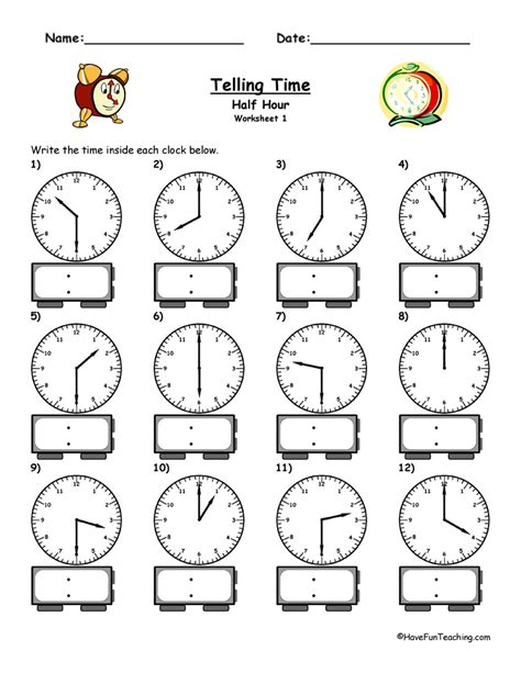 Telling Time To Hour And Half Hour Worksheets