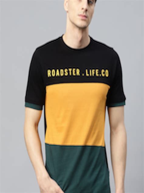 Buy Roadster Men Mustard Yellow Teal Green Colourblocked Round Neck T