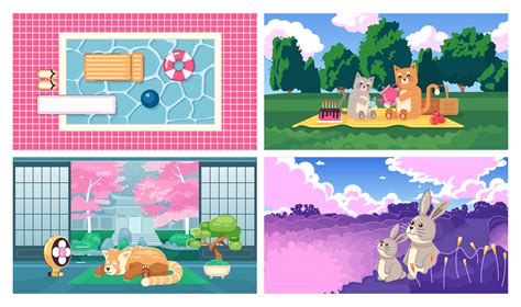 Kawaii animals cute chill lo fi wallpapers set. Lounge zone. Swimming ...