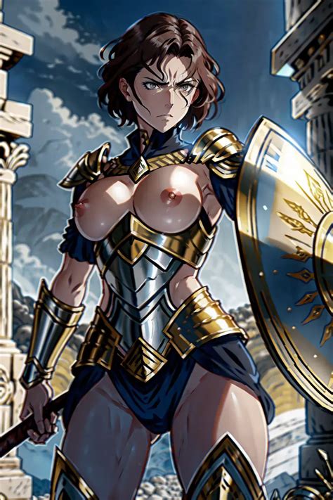 Dopamine Girl Greek Armor Brown Hair Tits Out Small Tits Shield