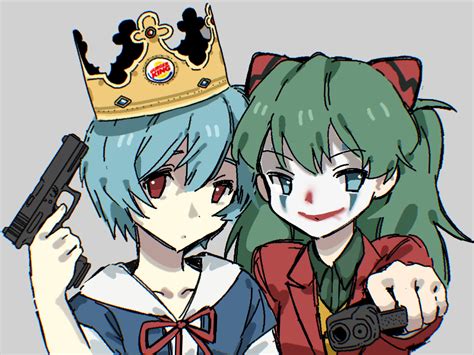 Safebooru 2girls Ayanami Rei Blue Hair Burger King Collared Shirt