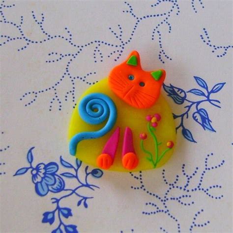 Polymer Clay Colourful Cat Pin Brooch Or Magnet By Coloraudia