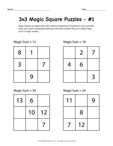 Printable 3x3 Magic Square Puzzles