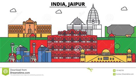 India Jaipur Architecture Urban Skyline With Landmarks Vector