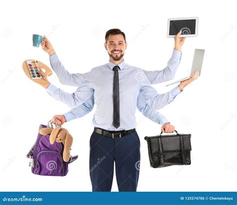 Multitask Businessman With Many Hands Holding Different Stuff On White