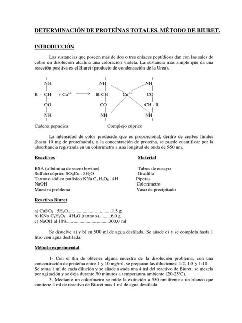 Determinación De Proteínas Totales Método De Biuret Pdf Pdf Concentración Proteínas