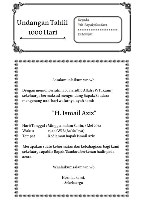 10 Contoh Undangan Tahlil 7 Hari 40 Hari Dan 100 Hari Lengkap