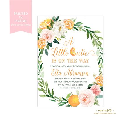 Orange Baby Shower Invitation Girl A Little Cutie Is On The Way Floral