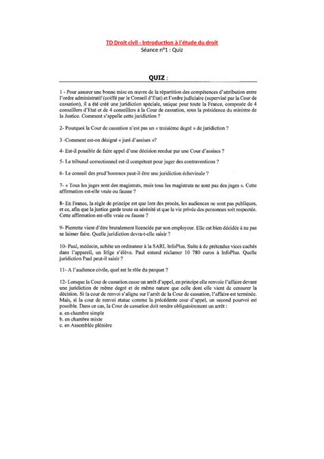 S Ance N Quiz Td Droit Civil Introduction L Tude Du Droit