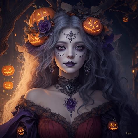 Premium Photo Halloween Witch Whit Pumpkin Spooky Forest At Night