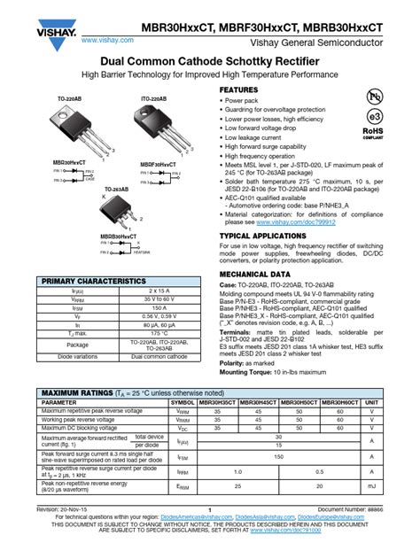 MBRF30H60CT Vishay Siliconix Rectifier Hoja de datos Ficha técnica