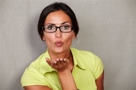 Beautiful Brunette Female Giving A Blow Kiss Stock Image Image Of Adult Back 64915351