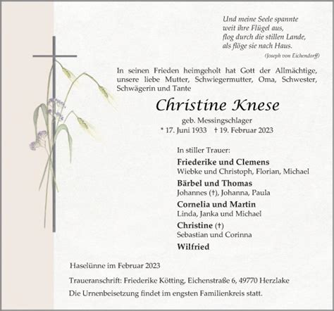 Traueranzeigen Von Christine Knese Noz Trauerportal