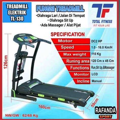 Jual Treadmill Elektrik Multi Fungsi TL 130 Mesin 2Hp Total Fitness