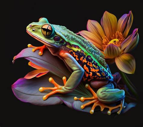 Premium Photo Brightly Colored Frog Sitting On A Flower With A Black