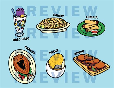 Filipino Food Clip Art Set of 6 Lumpia, Pancit, Balut, Adobo, Bangus ...